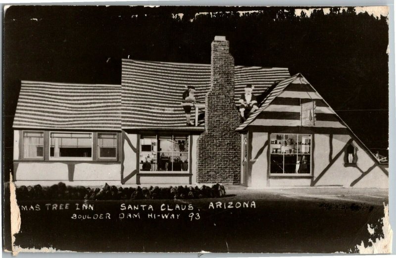 RPPC Xmas Tree Inn, Santa Claus AZ Boulder Dam Highway 93 Vintage Postcard P30