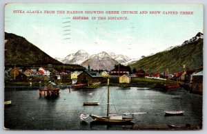 Sitka Alaska~View From Harbor Showing Greek Church & Mtns~PM 1911~Vintage PC