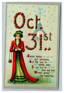 Vintage 1900's Date Halloween Postcard Victorian Woman Clock Tower Poem NICE