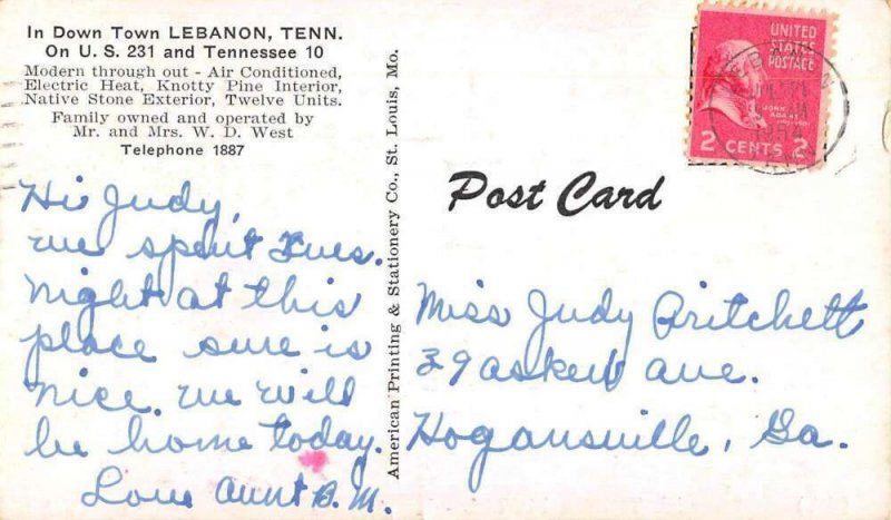 Lebanon Tennessee El Tricia Motel Vintage Postcard AA32710