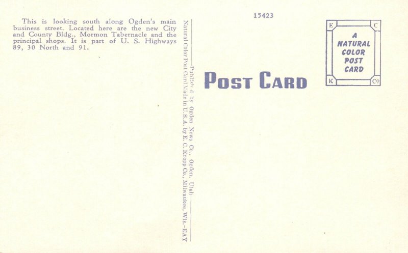 Vintage Postcard Washington Boulevard Looking South Business Street Ogden Utah