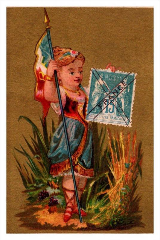 France  Stamp, Flag, Girl   Victorian Philatelic Trade Card