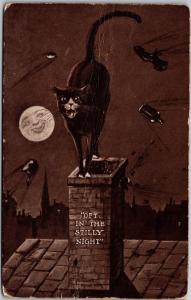 Cat Yowling on Rooftop Chimney Moon Oft in the Stilly Night c1911 Postcard L01