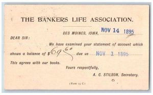 Des Moines Iowa IA Creston IA Postal Card Bankers Life Association 1895 Antique