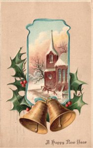 Vintage Postcard 1908 A Happy New Year Greetings Card Winter Snow Yuletide Bells