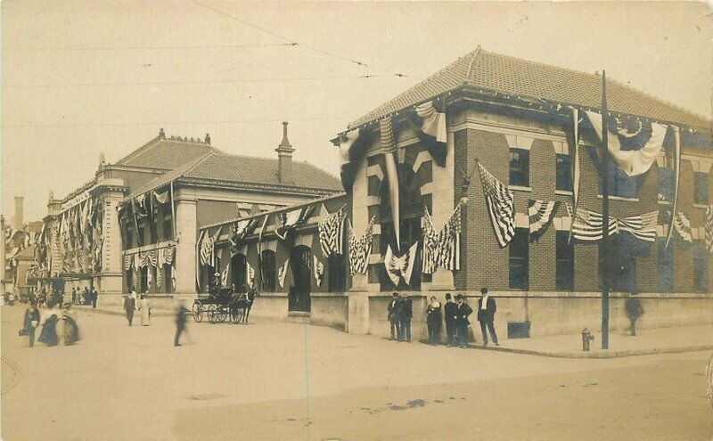 4th of July Large building Patriotic Flags bunting 1906 Oregon Postcard 20-5206