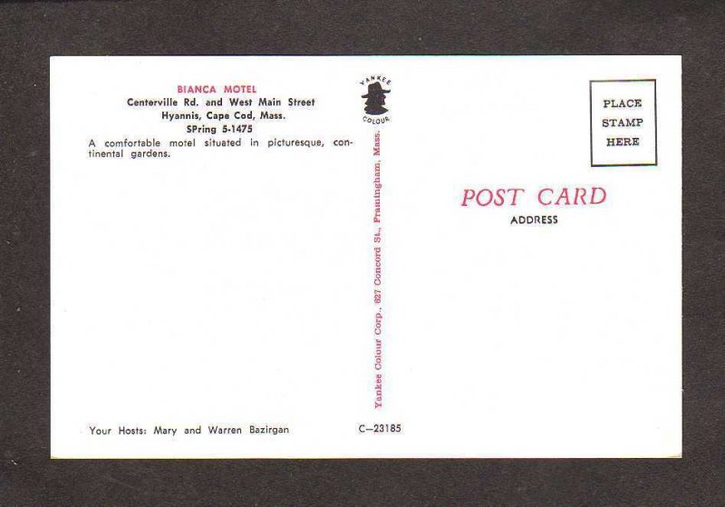 MA Bianca Motel Hyannis Cape Cod Massachusetts Mass Postcard