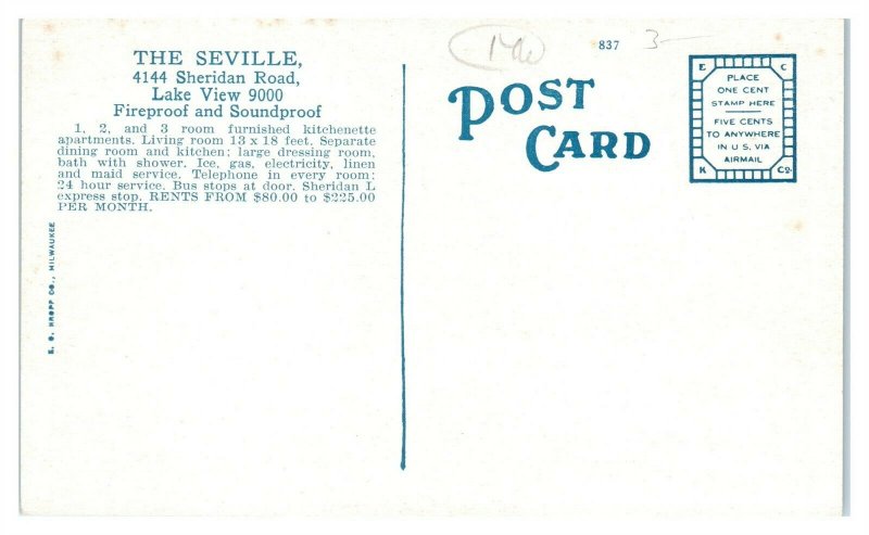 The Seville Apartment Hotel, Chicago, IL Postcard *6A1