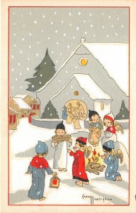 US6436 france children angel making fire christmas noel signed gaston arcchaux