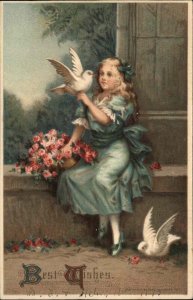 Girl Children Plays with Birds Colonial Fashion Embossed c1900s-10s Postcard