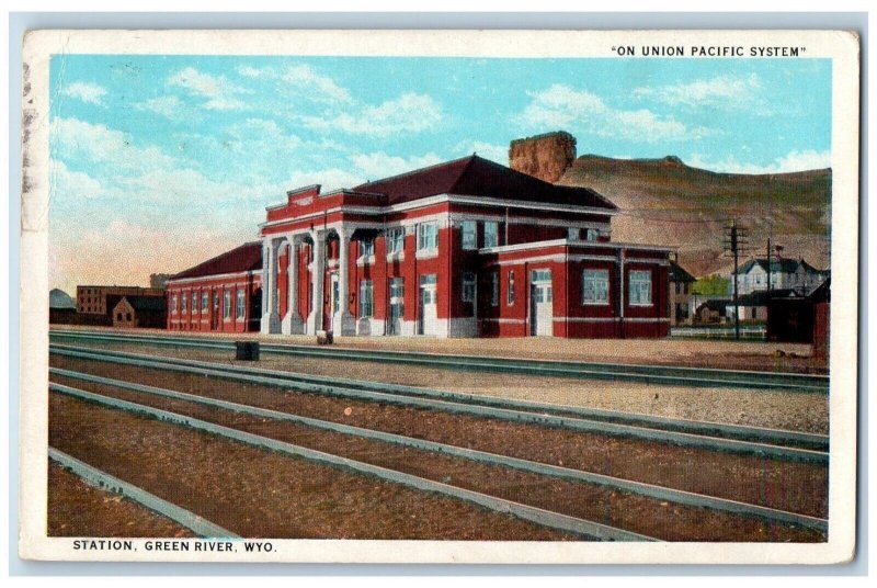 Green River WY Postcard Station Depot Railroad Train On Union Pacific System