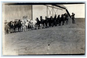 c1907 Horses Lined Up Farm Hand Farmer Barn RPPC Photo Unposted Postcard