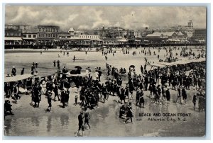 c1950 Beach & Ocean Crowd Walking Watching Buildings Atlantic City NJ Postcard