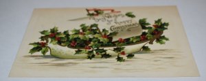 Best Wishes for a Happy Christmas Holly Boat Embossed Postcard Germany