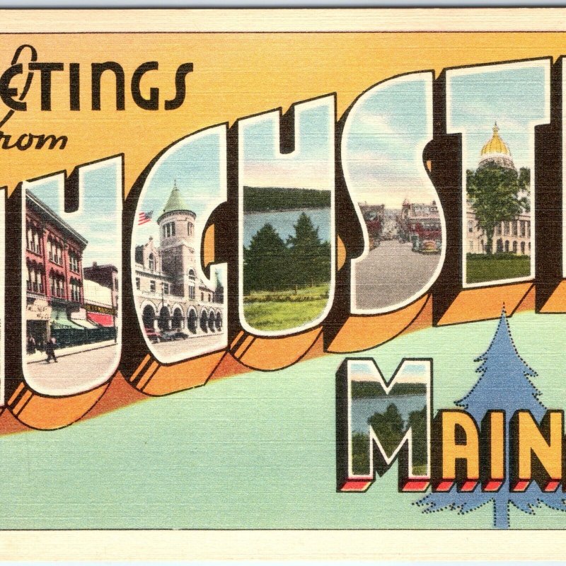 c1940s Augusta, ME Greetings Linen Tichnor Bros Postcard 3D Letters Art Vtg A114