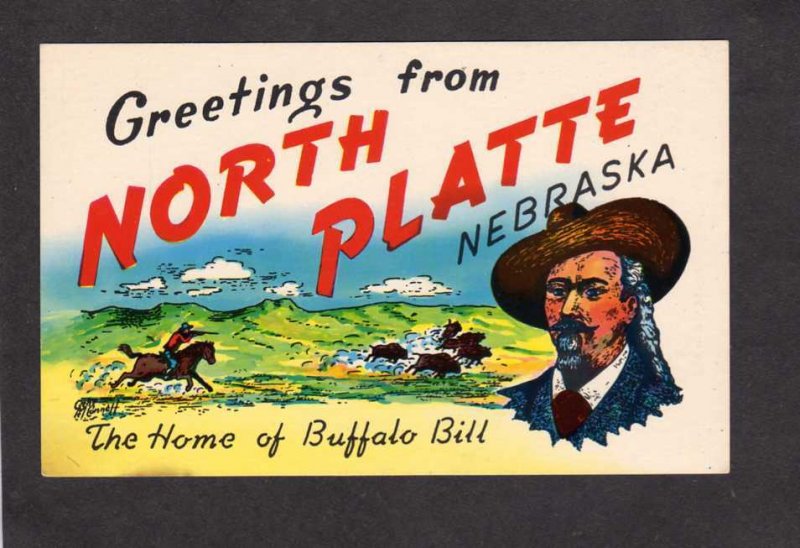 NE Greetings From North Platte Nebraska Buffalo Bill Cowboy Postcard W Cody