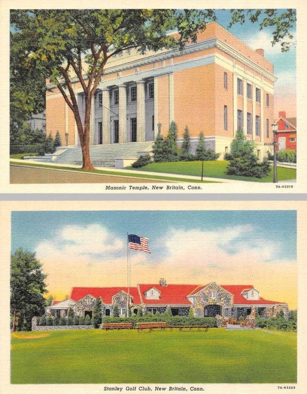 2~Postcards  New Britain, CT Connecticut  MASONIC TEMPLE & STANLEY GOLF CLUB