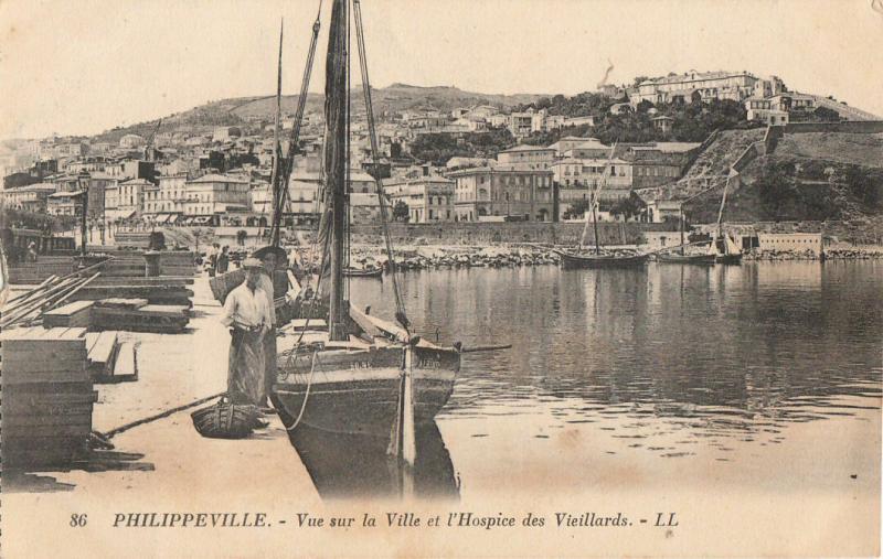 Algeria Philippeville vue sur la Ville et l`Hospice des Vieillards fishing boat