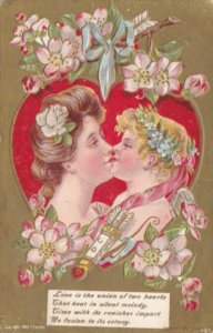 Valentine's Day Beautiful Lady Kissing Cupid 1909