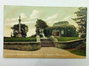 Vintage Postcard 1908 Soldiers Monument & Birchard Library Fremont OH J. Joseph