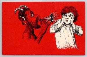 Krampus Blows Horn Scares Girl European Christmas Folk Lore Postcard S26