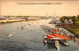 Sacramento, CA California SACRAMENTO RIVER Boats~Docks~Caulsons LINEN Postcard
