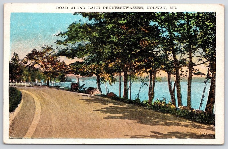 1929 Road Along Lake Pennessewassee Norway Maine Trees In Line Posted  Postcard
