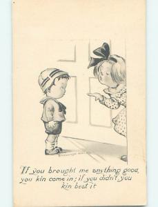 Pre-Linen comic GIRL TELLS BOY HE CAN ONLY COME IN IF HE BROUGHT A GIFT HJ4200