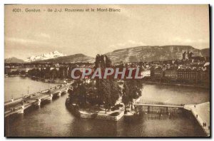 Old Postcard Rousseau Island Geneva and Mont Blanc