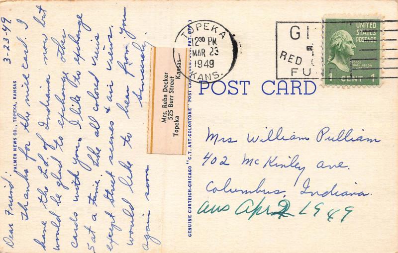 U.S. Post Office & Court House, Topeka, Kansas, Early Postcard,Used in 1949