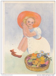 Watercolor Portrait of Blond Girl in Orange Sun Hat Beside Basket of Fruit, 1...