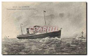 Old Postcard Lighthouse Havre Transatlantic returning to port in bad weather ...