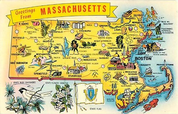 Greetings from Massachusetts Map Card Pre-zip Code Chrome