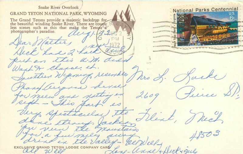 Grand Teton National Park Wyoming WY pm 1972 Postcard