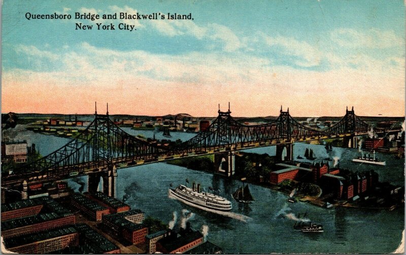 Vtg 1910's Queensboro Bridge Blackwell's Island New York City Antique Postcard