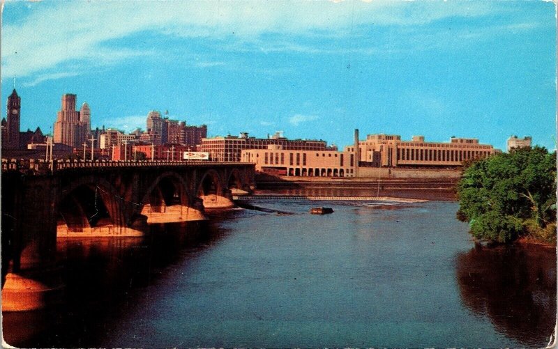 Third Ave Bridge Mississippi River St Anthony Falls Postcard Plastichrome VTG  