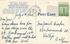 1944 Hotel Savoy Interior Los Angeles California Kropp postcard 7216