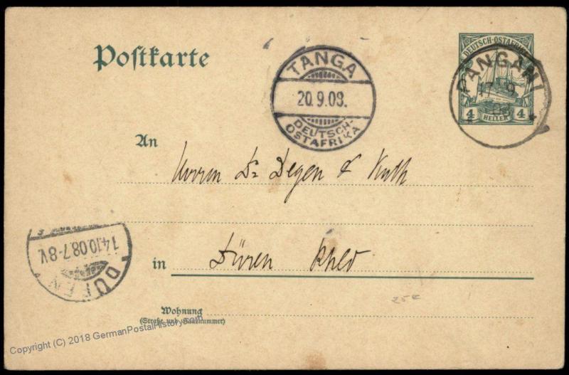 Germany 1908 East Africa PANGANI DOA PC GS Cover 85013