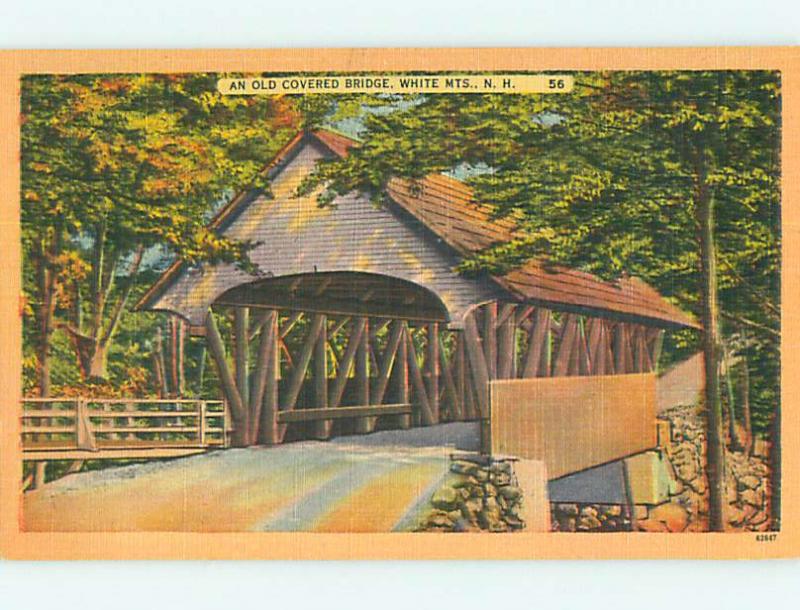 Unused Linen WHITE MOUNTAINS COVERED BRIDGE Franconia Notch NH t8623