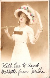 Hand Colored Photo Studio RPPC Woman Hat Umbrella Myers Cope Co Atlantic City NJ