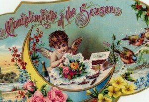 1870s-80s Christmas Inner Cigar Box Label Cherub Angel Crescent Moon &L