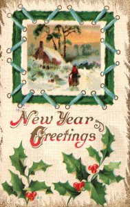 Vintage Postcard 1910's Happy New Year Holly Berries Lady Snow House Greetings