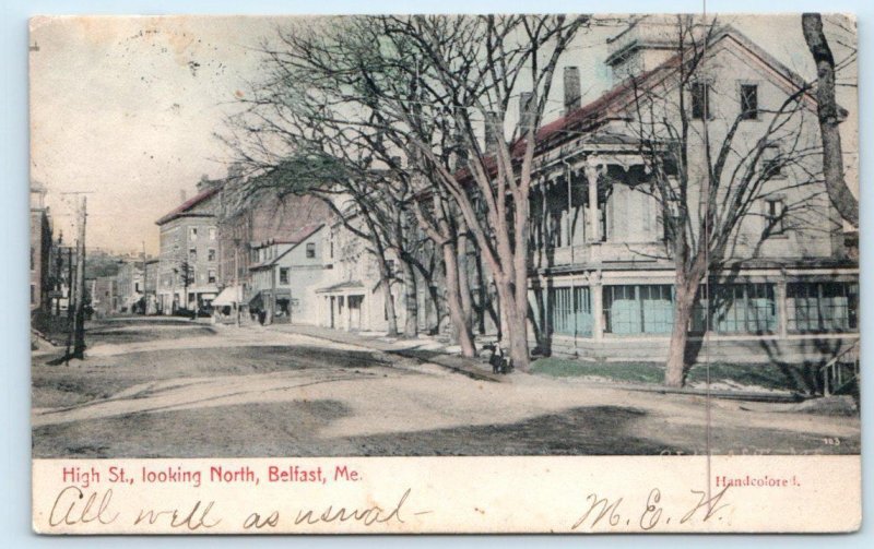 BELFAST, Maine ME ~ Handcolored HIGH STREET Scene 1907 UDB Waldo County Postcard