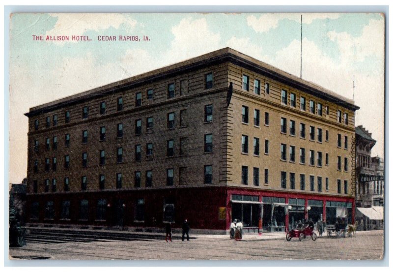 1909 The Allison Hotel Exterior Scene Cedar Rapids Iowa IA Antique Postcard 