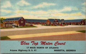 Linen Postcard Blue Top Motor Court U.S. Highway 41 in Marietta, Georgia