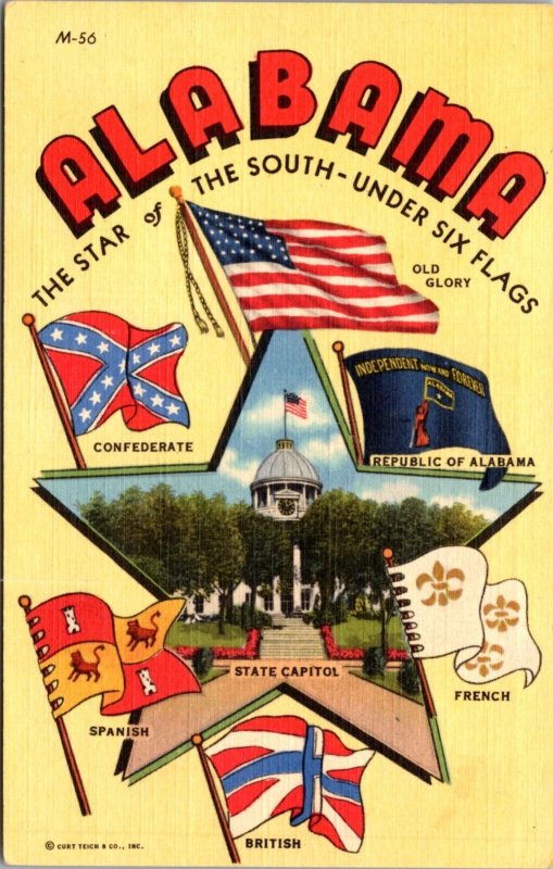 Linen Postcard Alabama Star of The South Under Six Flags State Capitol