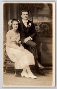 RPPC Dapper Young Man & His Pretty Bride Studio Photo Waterbury CT Postcard S30