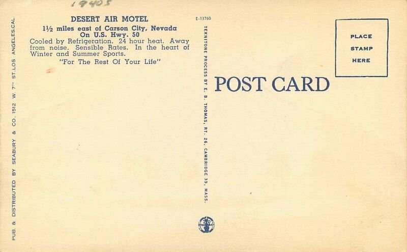 Nevada Carson City Desert Air Motel 1949s Seabury Thomas autos Postcard 22-2883