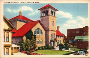 Central Methodist Church Streetview Brockton Massachusetts Linen Postcard 