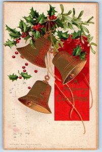 Ellen Clapsaddle Signed Postcard Christmas Ringing Bells Berries Embossed 1908